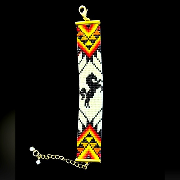 Hand Crafted Jewelry - Handwoven loom cuff panel bracelet adjustable seed bead Native American motif